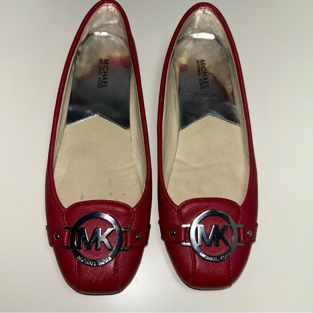 Michael Kors Fulton MK Gold Logo Red Saffiano Leather Slip On Ballet Flat